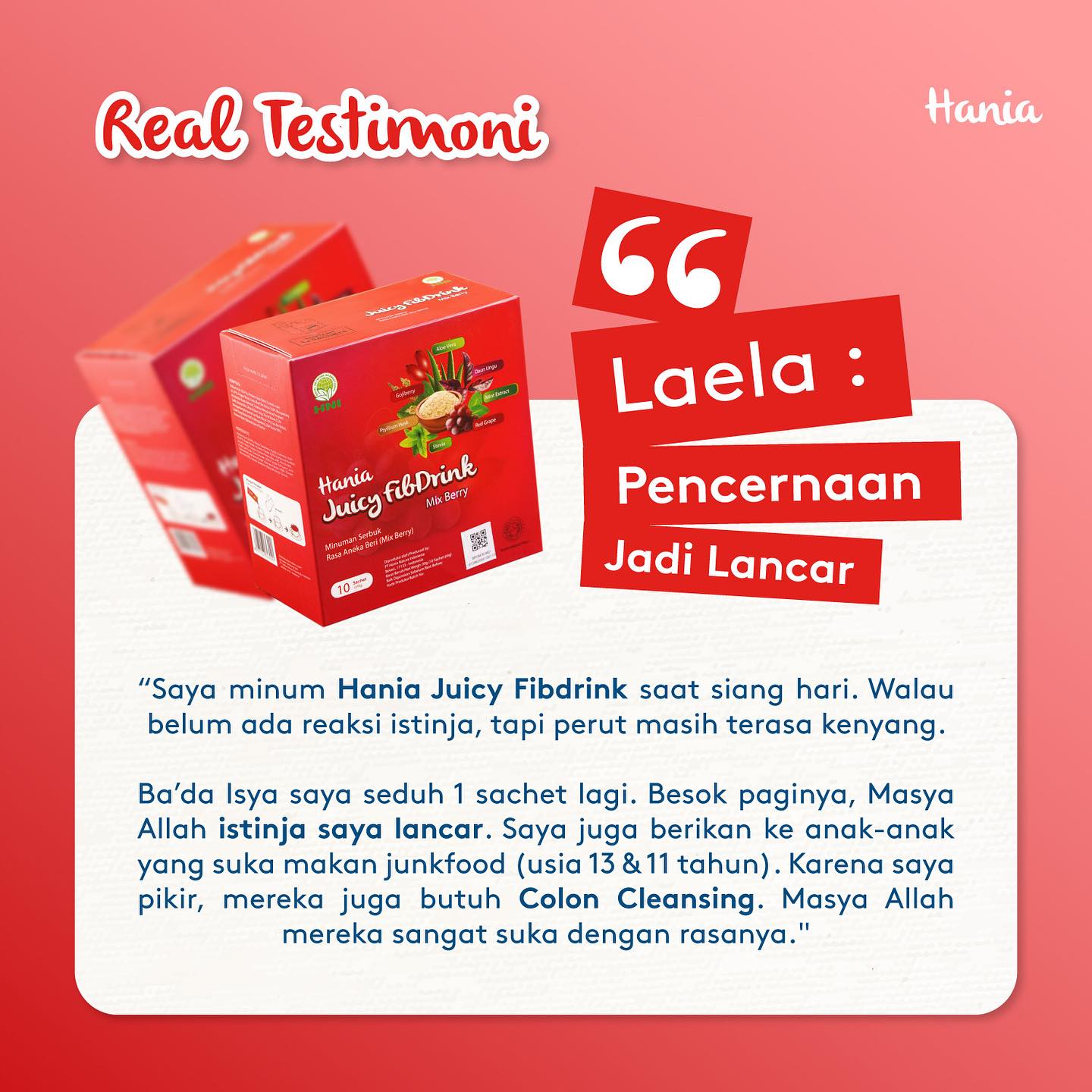 Testimoni Laela tentang HANIA JUICY FIBDRINK - MIX BERRIES