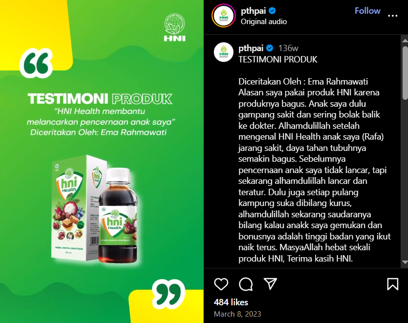 Testimoni Ema Rahmawati tentang HNI HEALTH EXTRAFOOD